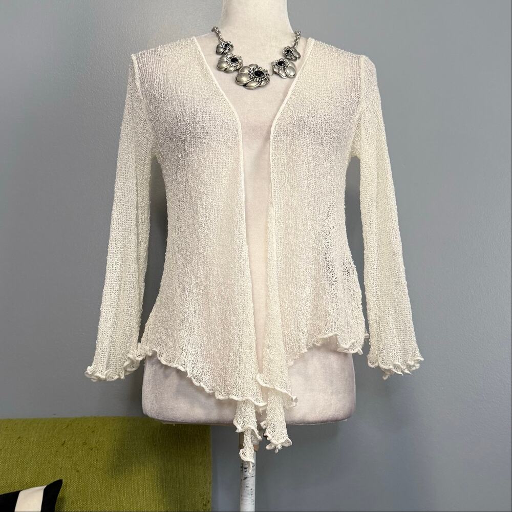Ikat White Sheer Gauze Shrug Open Cardigan Sweater